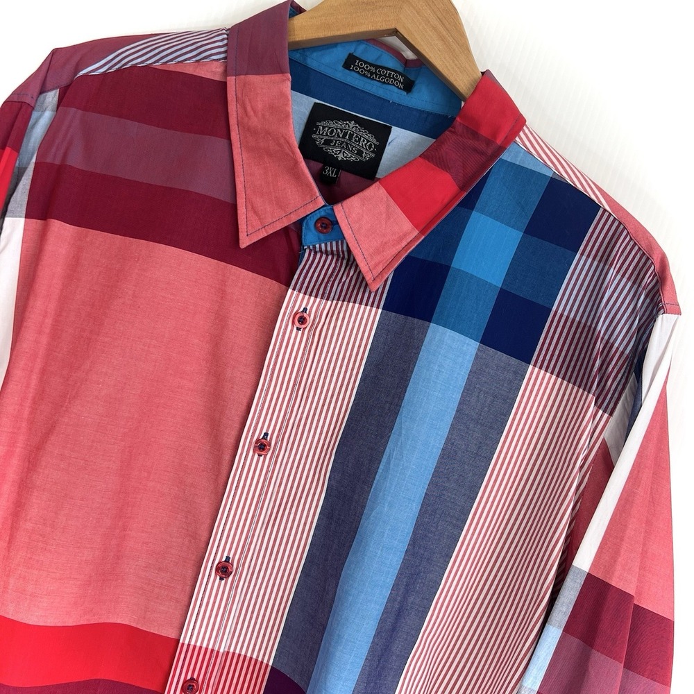 Montero Jeans Mens Button Down Shirt 3XL Red Blue Plaid Long Sleeve 100% Cotton